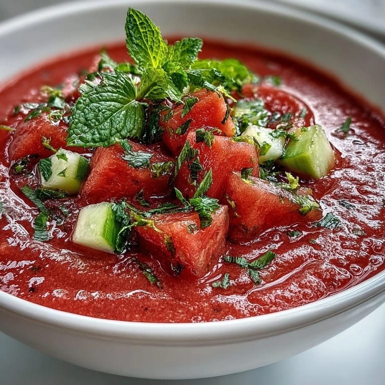 A close-up view of a chilled bowl of watermelon mint gazpacho, garnished with cucumber and fresh mint.