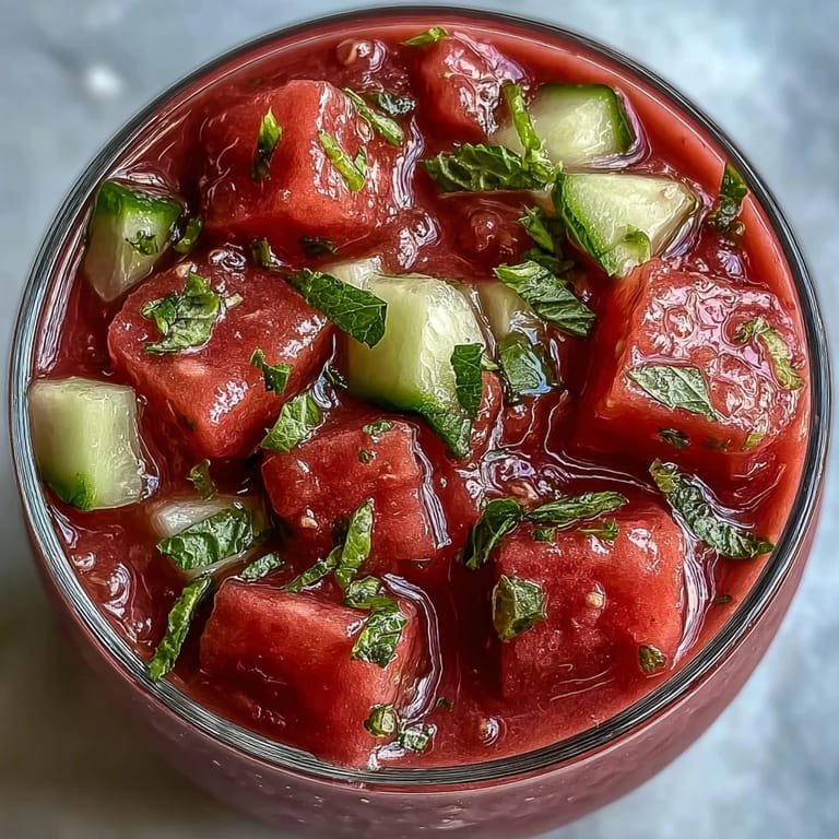 Vibrant vegan watermelon mint gazpacho with cucumber and lime, a chilled summer soup with fresh herbs and zesty citrus flavors.