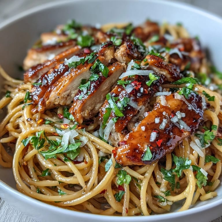 Easy honey garlic chicken pasta with al dente spaghetti, rich sauce, and sliced chicken breast in a large skillet.
