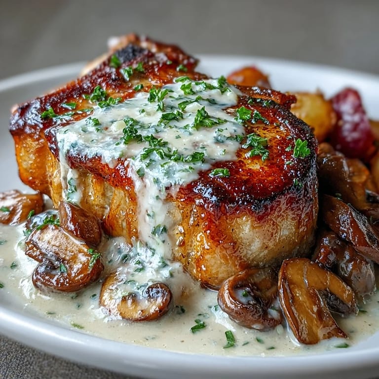 Keto creamy mushroom pork chops with roasted radishes, a low-carb dish rich in flavor and perfect for weeknight meals.
