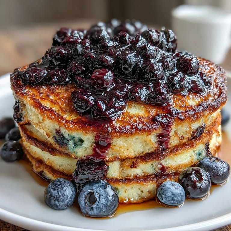 Fluffy whole grain pancakes made with Greek yogurt, stacked and drizzled with vibrant blueberry compote for a healthy breakfast.