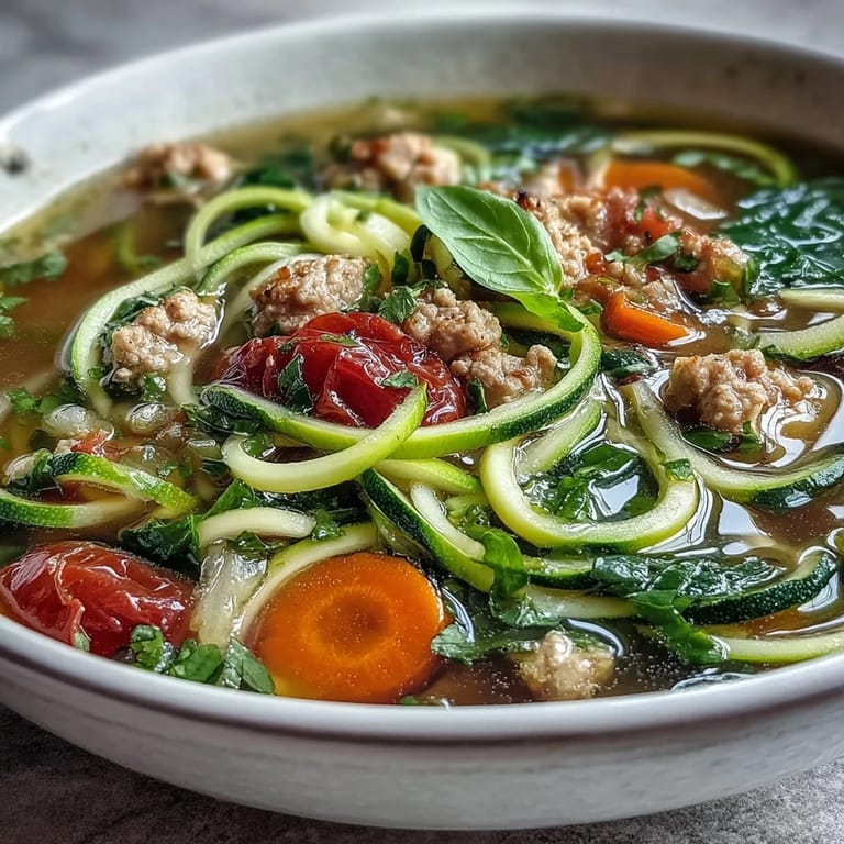 A steaming pot of turkey and veggie zucchini noodle soup filled with lean turkey and fresh garden vegetables.