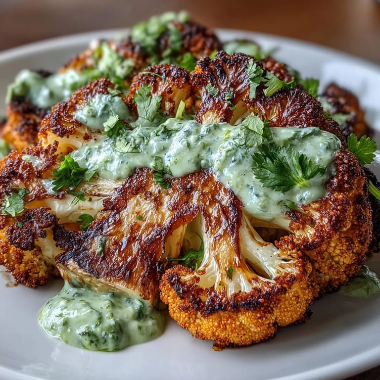 Golden-brown cauliflower steaks marinated in smoky chili-lime spices, served with rich avocado crema for a keto-friendly dinner.  