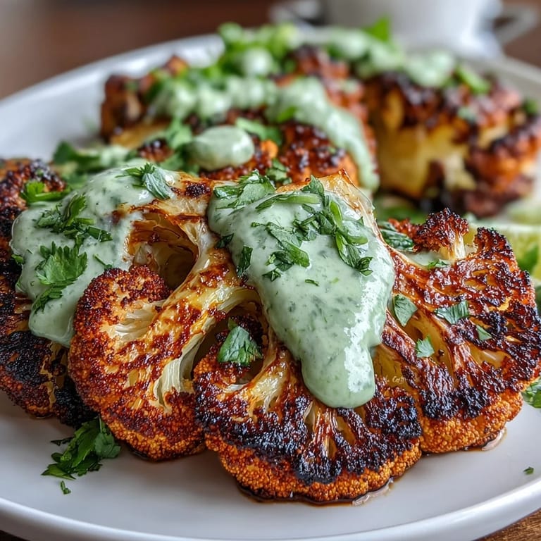 Thick cauliflower steaks roasted to crisp-tender perfection, drizzled with tangy avocado crema and garnished with lime wedges.