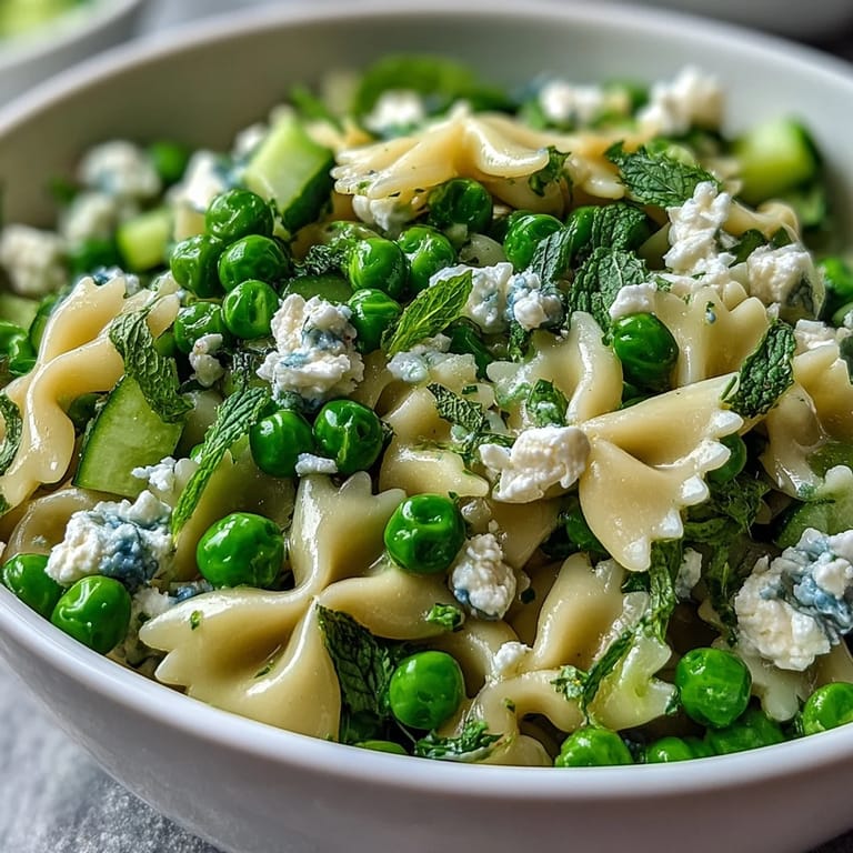 Close-up of vibrant spring pea and mint pasta salad tossed with lemon vinaigrette, cucumber, and spring onions on a rustic wooden table.  