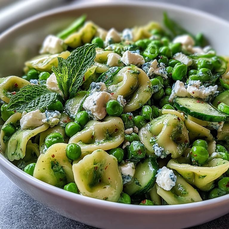 Colorful spring pea and mint pasta salad with lemon vinaigrette served in a white bowl, topped with fresh mint and crumbled feta for a refreshing dish.