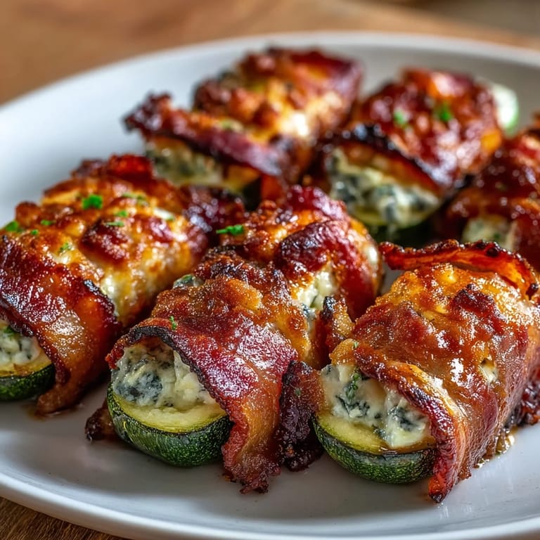 Savory zucchini halves stuffed with creamy mozzarella and Parmesan, wrapped in crispy bacon and baked until tender and irresistible.