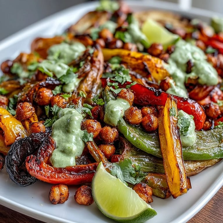Colorful roasted bell peppers, zucchini, and chickpeas served on tortillas with a zesty guac yogurt sauce.