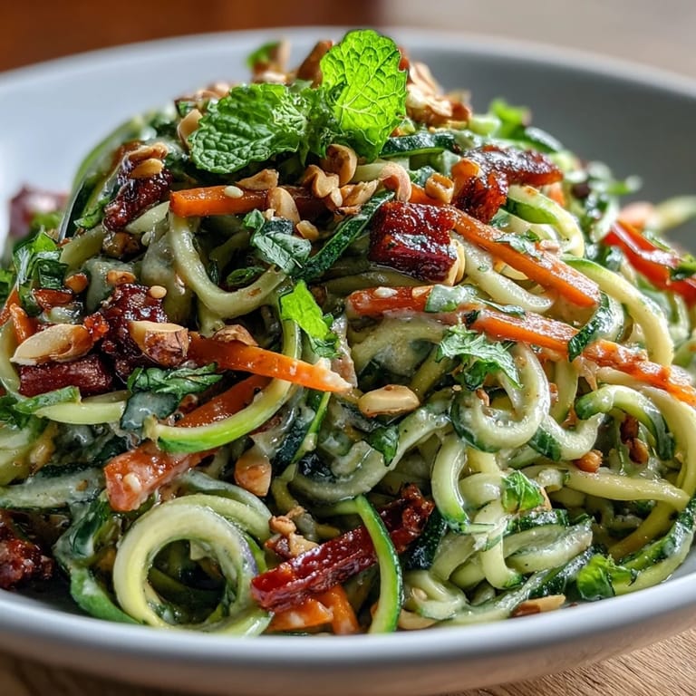 Refreshing spiralized zucchini salad tossed with colorful carrot and bell pepper ribbons in tangy Thai peanut sauce.  