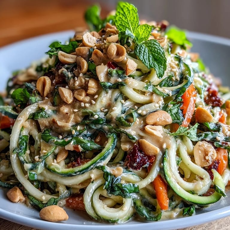 Crunchy Thai-inspired zucchini noodle salad with fresh herbs, roasted peanuts, and creamy peanut dressing for a light meal.