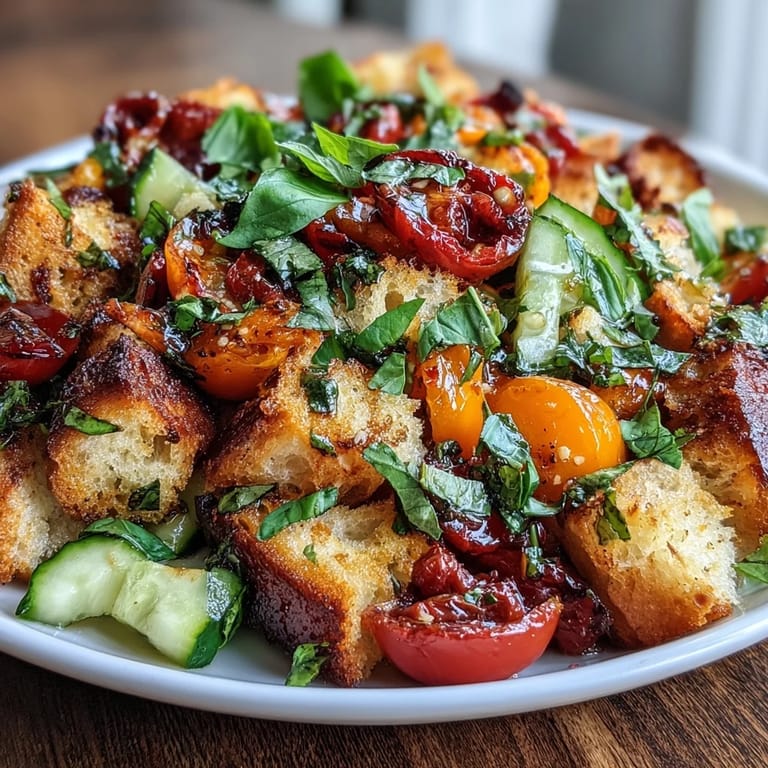 2. Rustic Italian Sourdough Panzanella featuring juicy heirloom tomatoes, crisp cucumber, and fragrant basil dressing, served with mozzarella.  