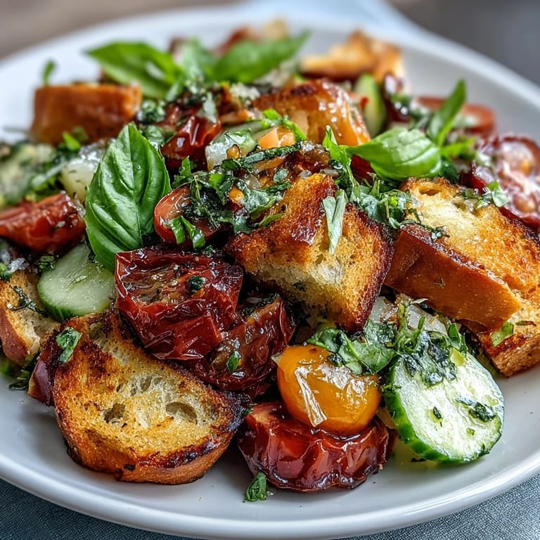 3. Vibrant Sourdough Panzanella Salad with toasted bread, heirloom tomatoes, and basil vinaigrette, ideal for light vegetarian lunches.