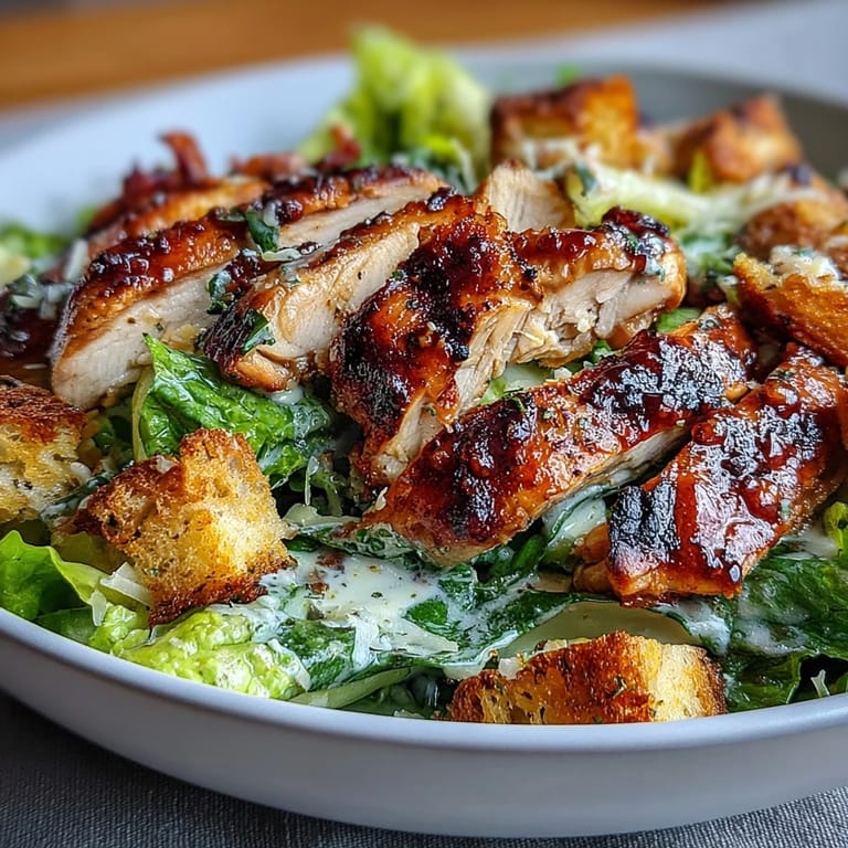 Sliced grilled chicken breast rests on crisp romaine lettuce, drizzled with tangy Caesar dressing and sprinkled with golden homemade croutons.  