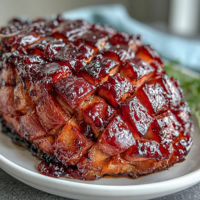 A succulent bone-in ham coated in a rich black currant jam and Dijon mustard glaze, caramelized to perfection.  