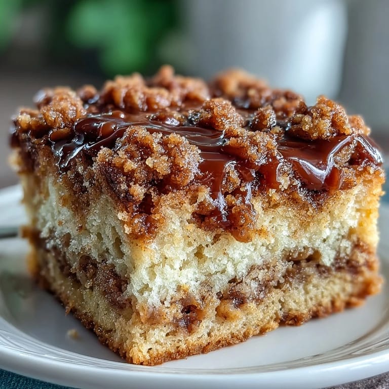 Warm cardamom coffee cake served on a white plate, showcasing its moist crumb and crunchy cinnamon-cardamom topping.  