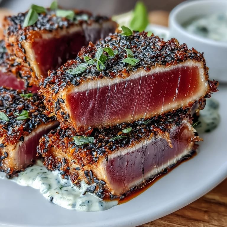 Crispy black sesame crusted tuna with a tender rare center, drizzled with creamy, spicy wasabi mayonnaise.