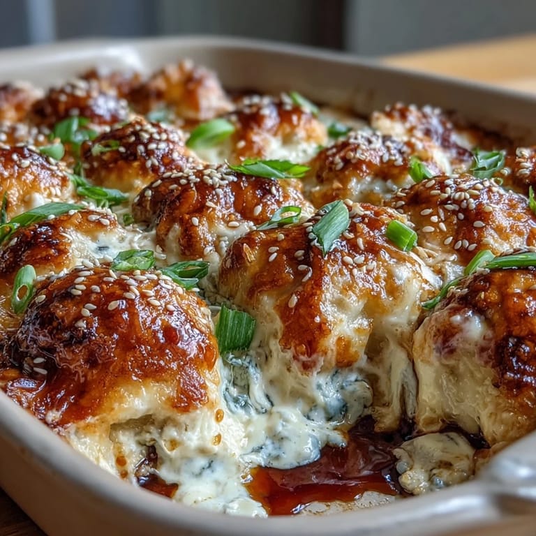 A close-up of a golden baked Trader Joes Dumpling Bake.