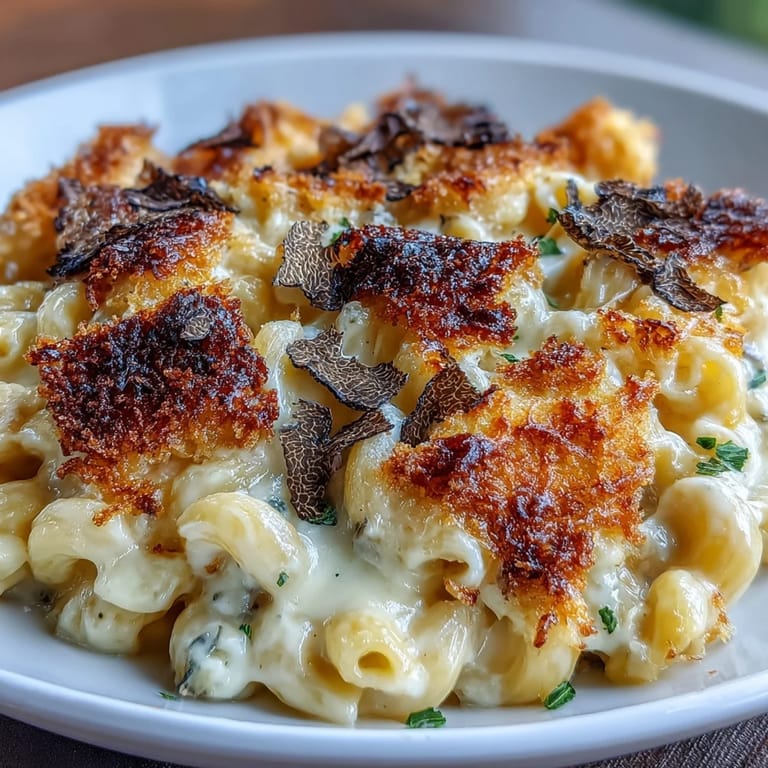 Luxurious truffle mac and cheese featuring bubbling cheese sauce, crispy breadcrumb crust, and elegant black truffle garnish.