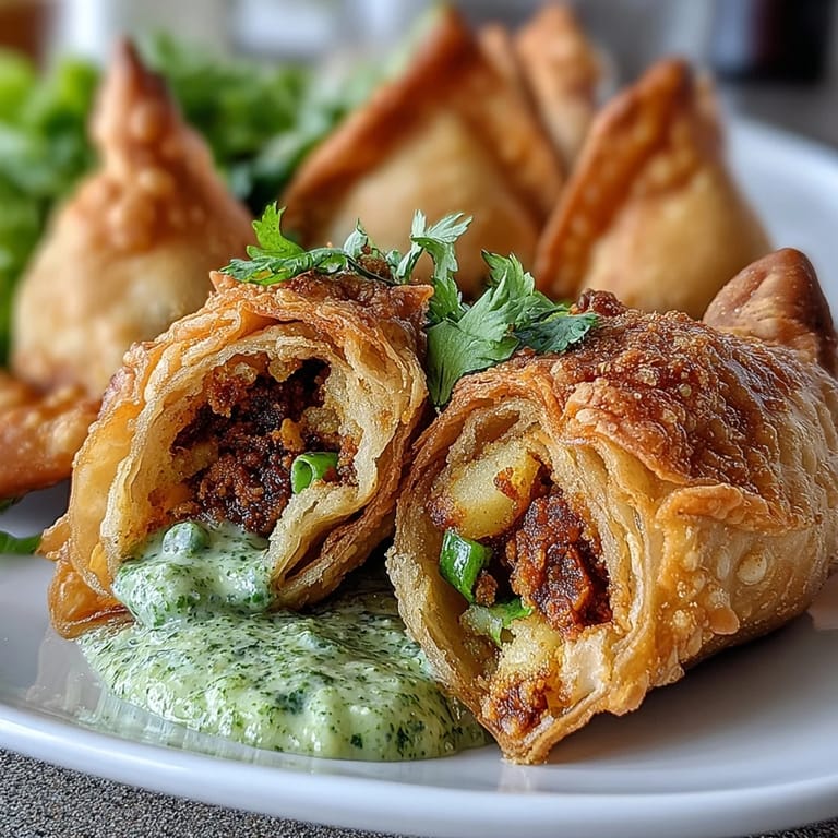 Golden brown samosas with a crunchy exterior, packed with aromatic Indian spices and paired with cooling mint dip.  