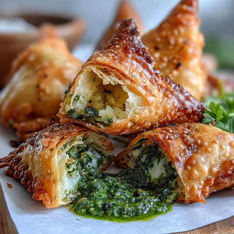 Savory vegetable samosas made healthier in the air fryer, served alongside fresh, zesty mint chutney for dipping.