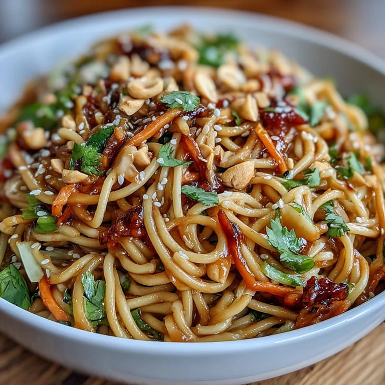 Savory Asian Sesame Noodle Salad with Peanut Dressing combines crisp vegetables and silky noodles in a rich, nutty sauce.