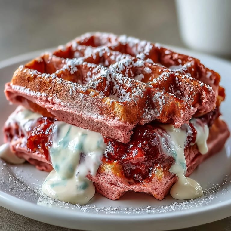 Homemade pink velvet waffles served warm with luscious cream cheese drizzle and fresh berry garnish.