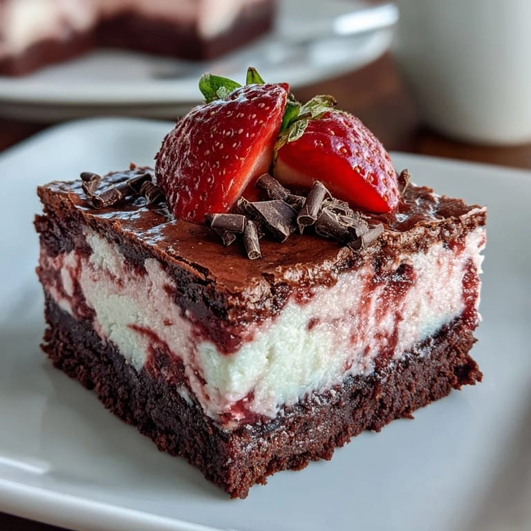 A close-up of a sliced strawberry cheesecake brownie, showing the beautiful pink and chocolate marbled pattern and fresh strawberry garnish.