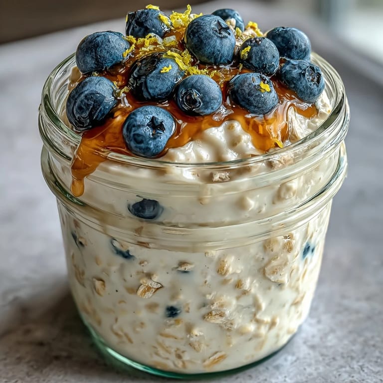 Vibrant overnight oats featuring juicy blueberries, lemon zest, and chia seeds for a nutritious, make-ahead meal.