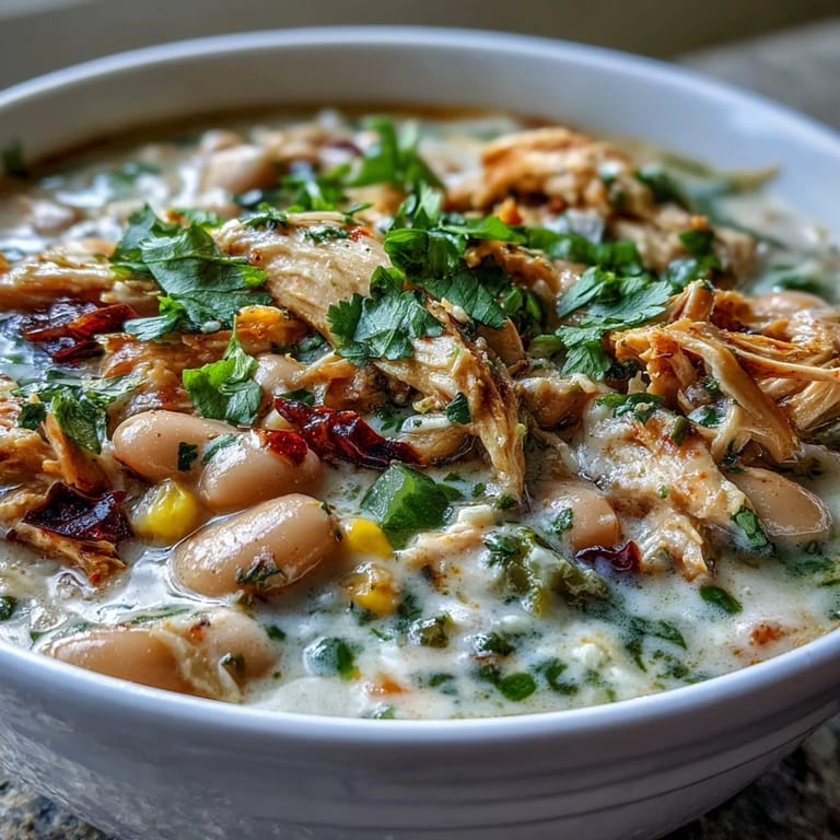 Hearty white bean chicken chili served in a rustic bowl, garnished with fresh herbs and a squeeze of lime for zesty flavor.