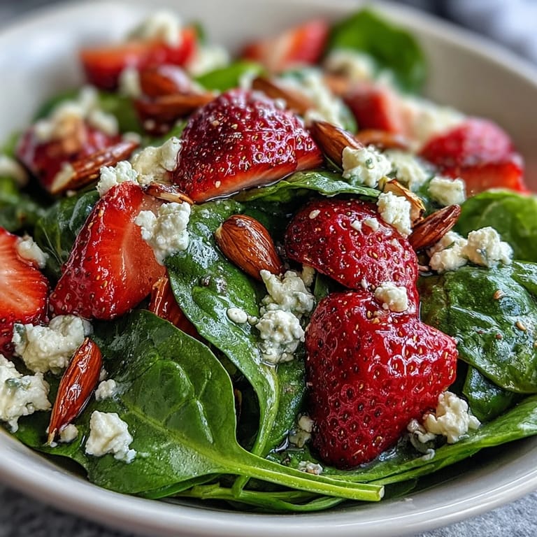 Colorful spinach and strawberry salad topped with feta and almonds, served with homemade poppy seed dressing for a fresh, light meal.