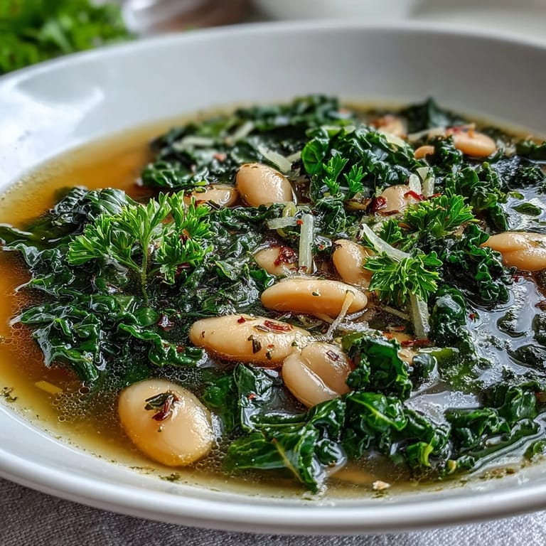 Zesty kale and white bean soup with bright lemon and garlic, garnished with parsley and served steaming hot.