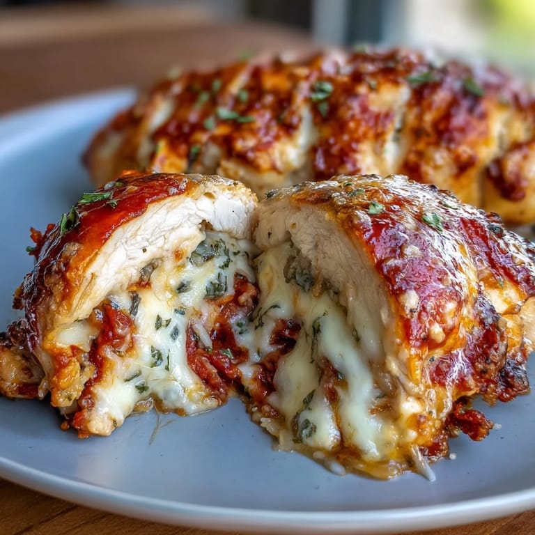 Juicy chicken breasts stuffed with gooey cheese, classic pizza pepperoni, and rich marinara sauce, seared and baked for a low-carb dinner.
