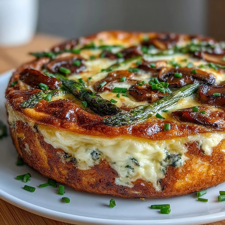 This vegetarian frittata features earthy mushrooms, fresh asparagus, and a buttery sourdough crust—ideal for a light dinner or weekend brunch.
