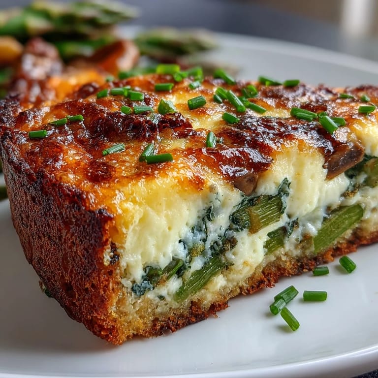 Tender asparagus, savory mushrooms, and melted Gruyère cheese create a flavorful spring frittata with a crunchy sourdough base.