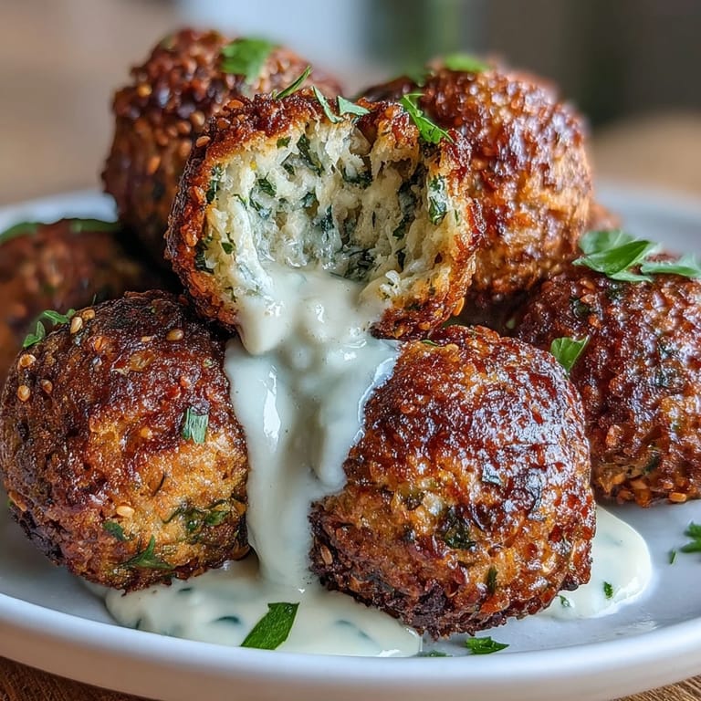 Air-fried falafel served with fresh, creamy green tahini sauce, perfect for dipping or drizzling.  