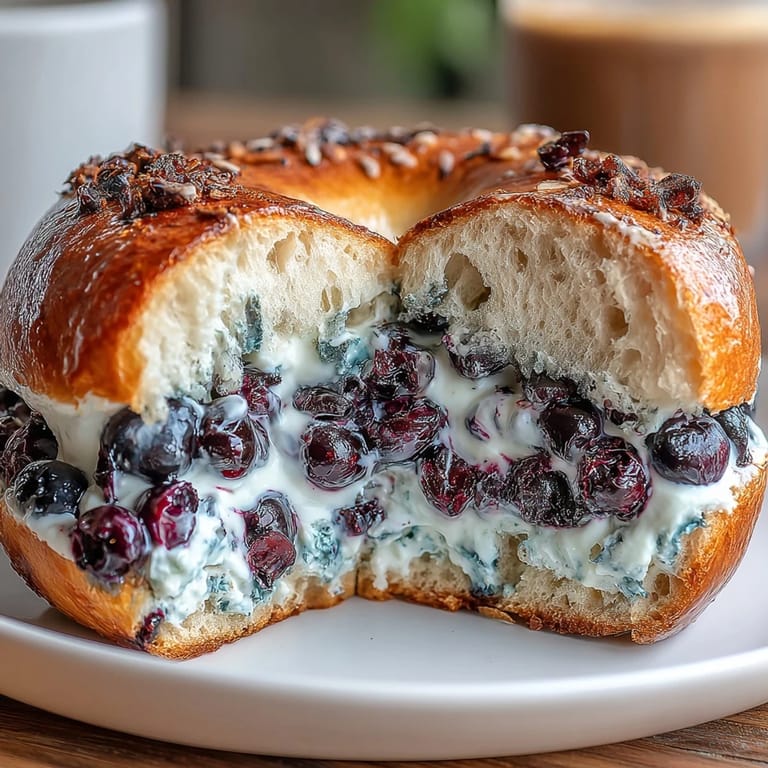Golden baked bagels studded with juicy blueberries and finished with a tangy Greek yogurt frosting for a nutritious treat.