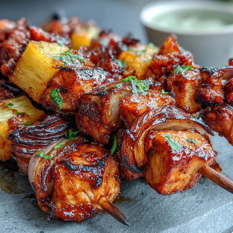 Smoky BBQ-glazed chicken and pineapple kebabs with tender red onion, grilled to perfection for a vibrant, flavorful main dish.  