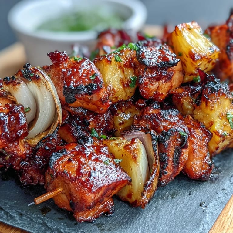 Grilled BBQ chicken pineapple kebabs featuring charred red onion and sweet fruit, served hot off the grill for a crowd-pleasing meal.