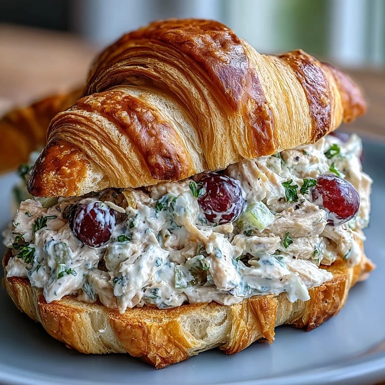 Picnic Chicken Salad Croissant Sandwiches with Grapes - tender diced chicken mixed with sweet grapes and fresh parsley, all tucked into flaky croissants for a delightful lunch.