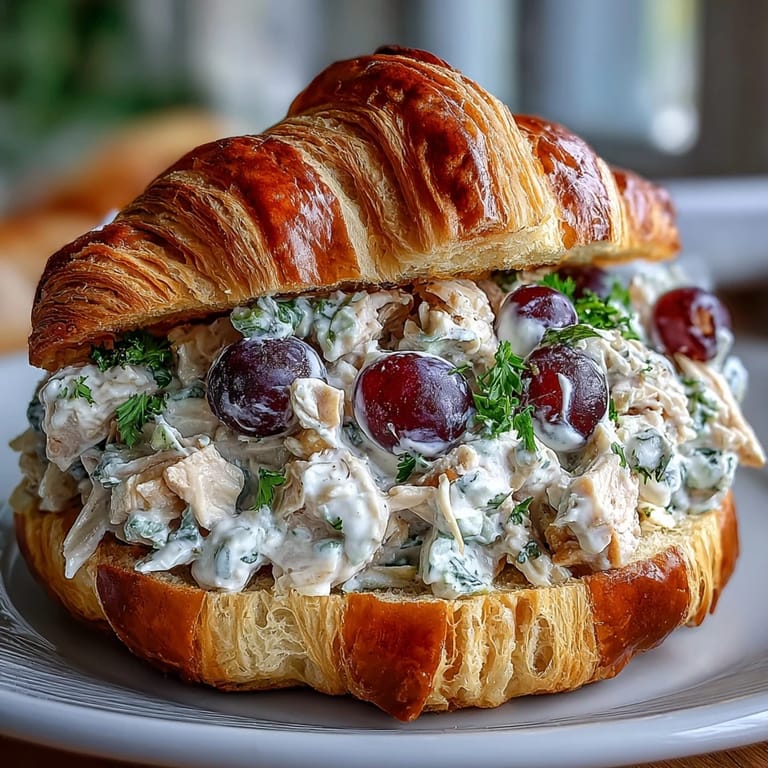 Picnic Chicken Salad Croissant Sandwiches with Grapes - classic chicken salad with Greek yogurt dressing, grapes, and celery piled high on golden croissants for picnic perfection.