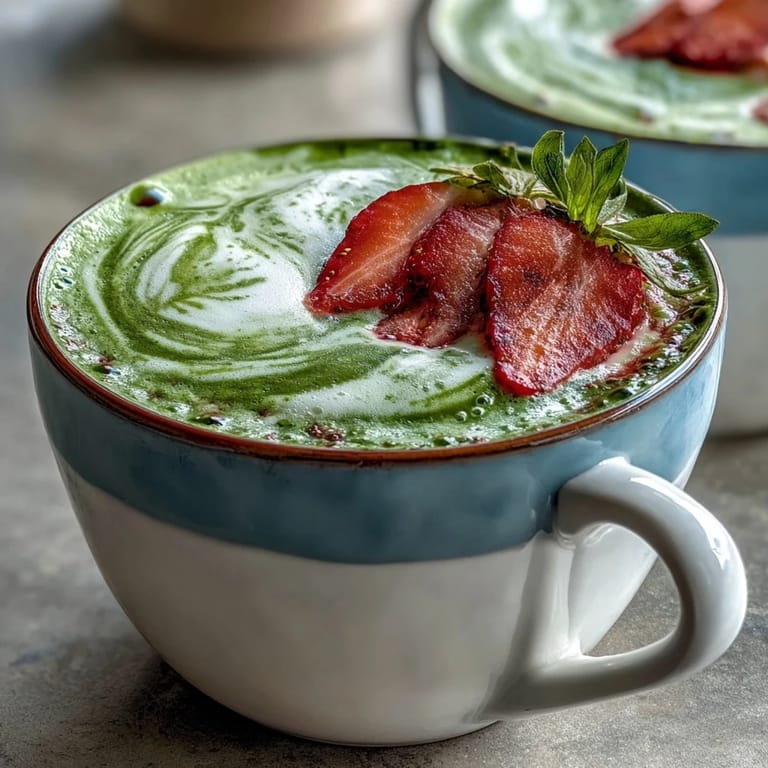 Fragrant matcha latte with fresh strawberry purée, garnished with sliced strawberries and a dusting of matcha powder.