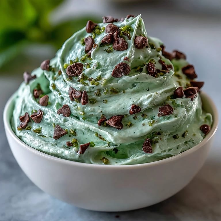 Festive mint chocolate chip dip with rich cream cheese base, studded with mini chocolate chips, perfect for holiday dessert platters.