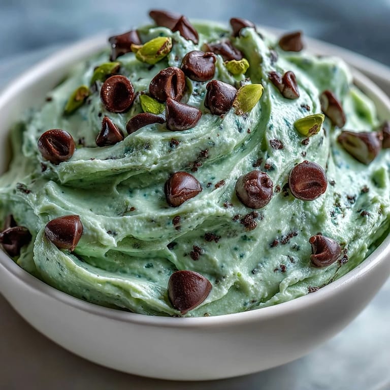Refreshing mint and chocolate chip dessert dip with vibrant green color, served with cookies and fresh fruit for dipping.