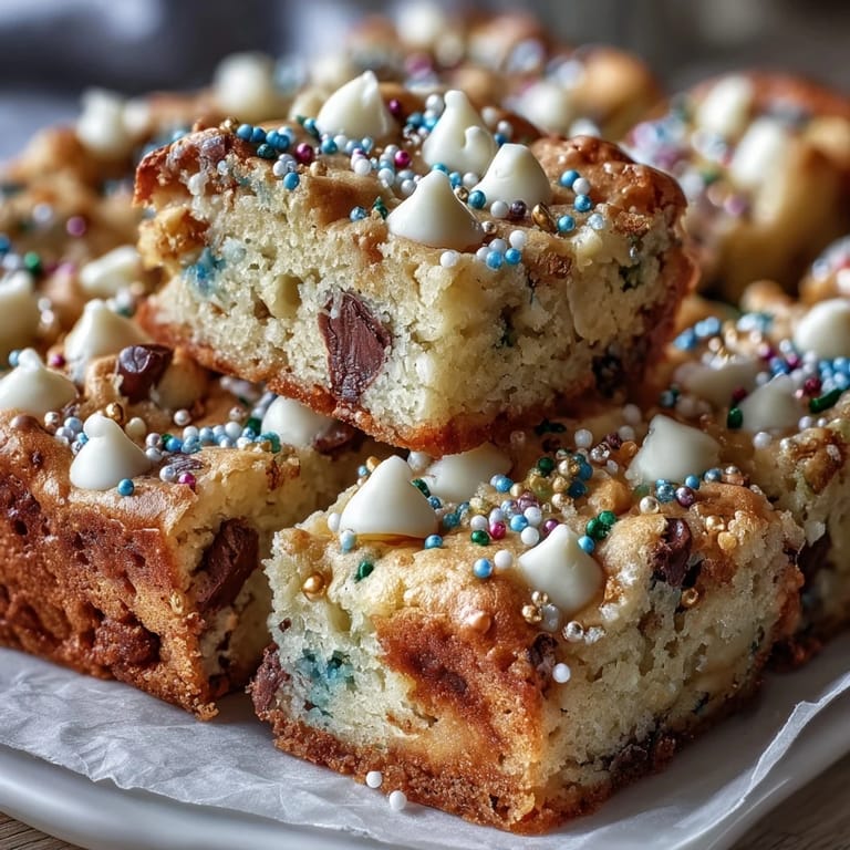 Buttery St. Patrick's Day cookie bars layered with rainbow sprinkles and white chocolate chips, perfect for festive celebrations.