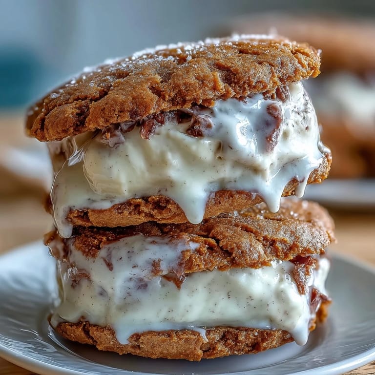 Indulgent vanilla bean frappuccino ice cream sandwiches feature coffee cookies hugging creamy frozen vanilla goodness.