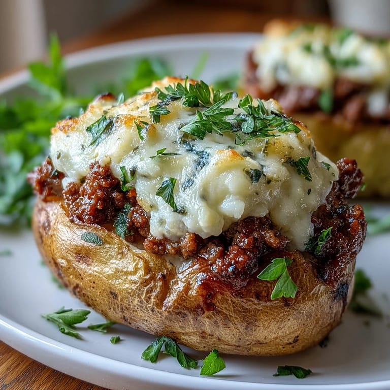 Golden baked potatoes loaded with hearty shepherds pie filling, featuring tender beef, peas, and carrots, crowned with rich mashed potatoes.