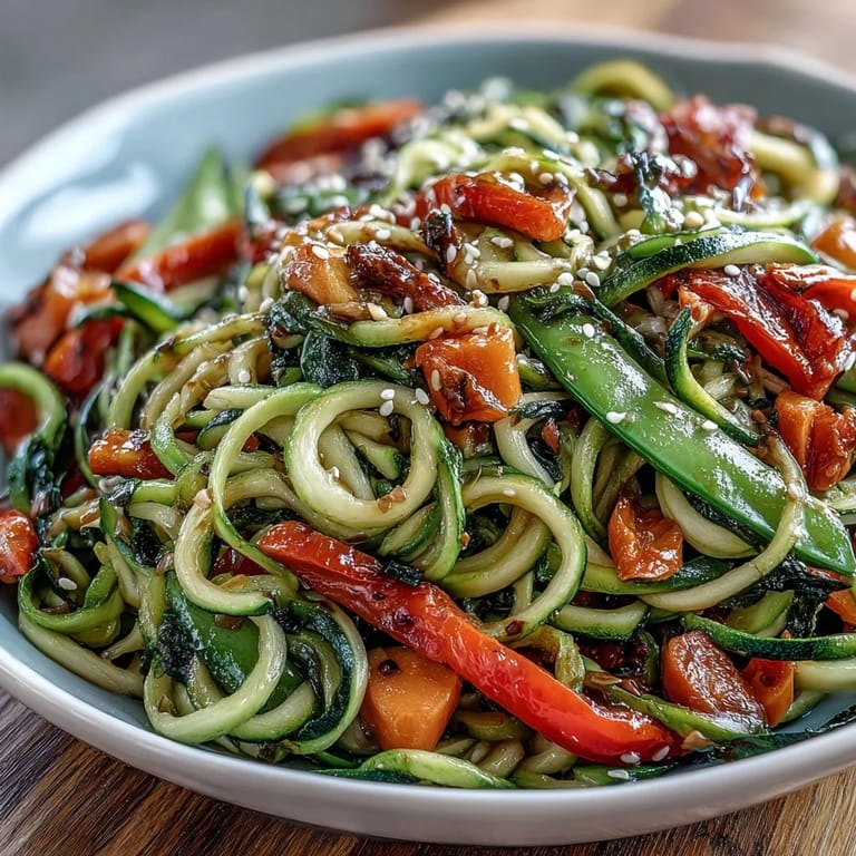 Colorful spiralized zucchini noodles tossed with bell peppers, carrots, and snap peas in an Asian-inspired stir fry.  