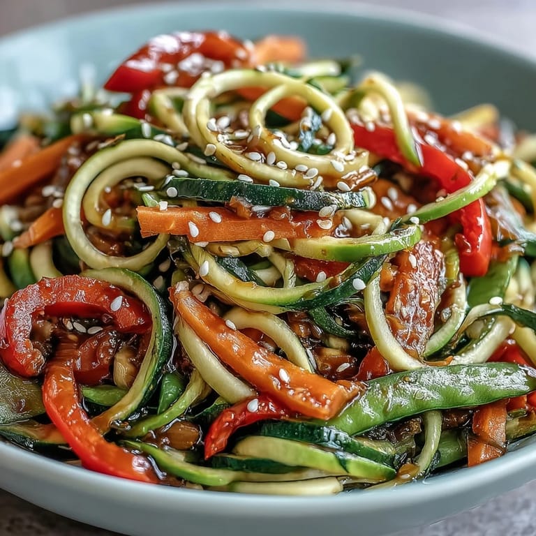 Fresh zucchini noodles stir fried with crunchy veggies and aromatic ginger-garlic sauce for a healthy, quick meal.
