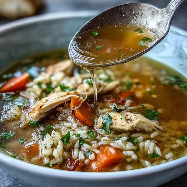 Nourishing chicken and rice soup with tender chicken, wholesome veggies, and hearty rice, perfect for a cozy dinner.