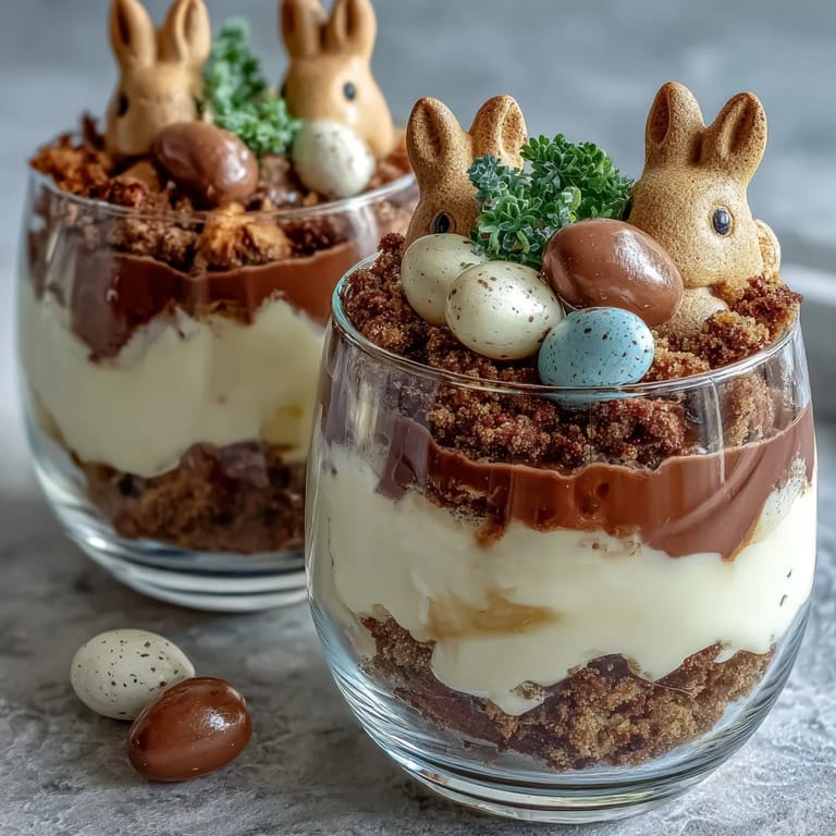 Festive Easter Bunny Dirt Cups for Kids featuring layers of chocolate pudding, whipped cream, and cookie crumbs with bunny Peeps.